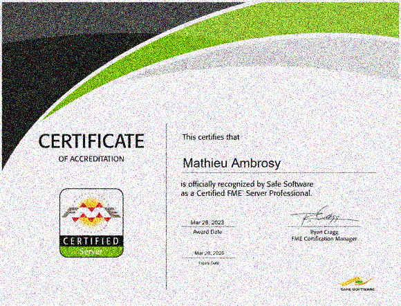 Diplôme de Professionnel FME Server certifié Mathieu Ambrosy